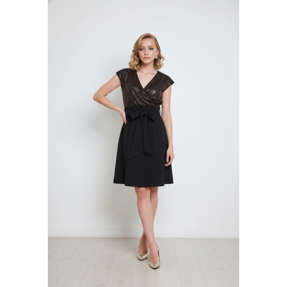 Narciso‎ Rodriguez for DesigNation Black Sequined Wrap Cocktail Dress Size L277